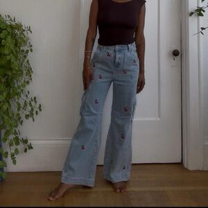 Reformation Light Blue Flare Jeans with Red Embroidery